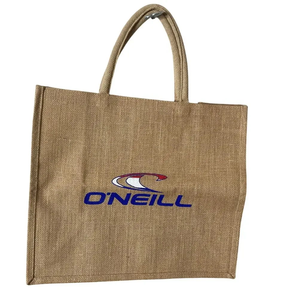 O'Neill Tote Bag Tan Jute Burlap Logo Surf Beach Shopper Reusable Y2K